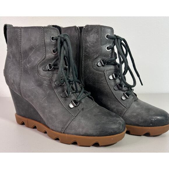 Sorel Womens Joan Uptown Wedge‎ Heel Boot Lace Up Zip Leather Gray Size 9.5 - Picture 2 of 14